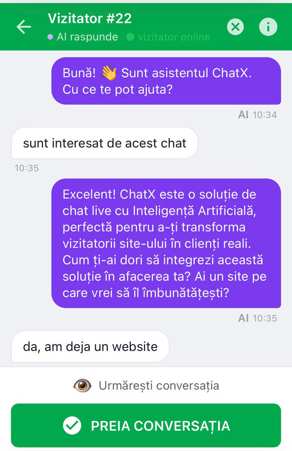 ChatX operator watching the AI conversation in real time, on phone — 'Take over conversation' button shown at the bottom